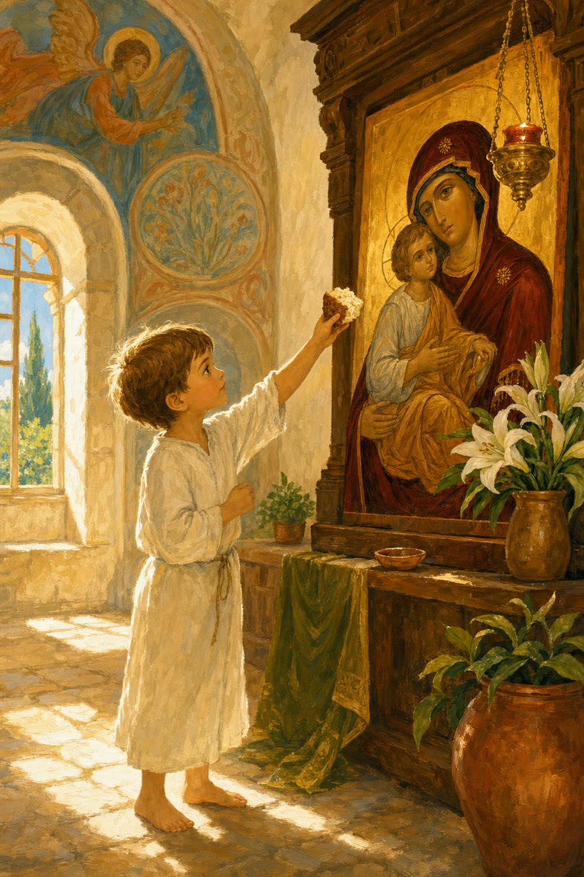 A small boy in a white tunic offering bread up toward an icon of the Mother of God and the Christ-child in a sunlit chapel