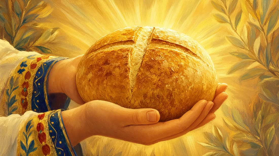 A round golden loaf of bread glowing with warm light, held in a child's hands